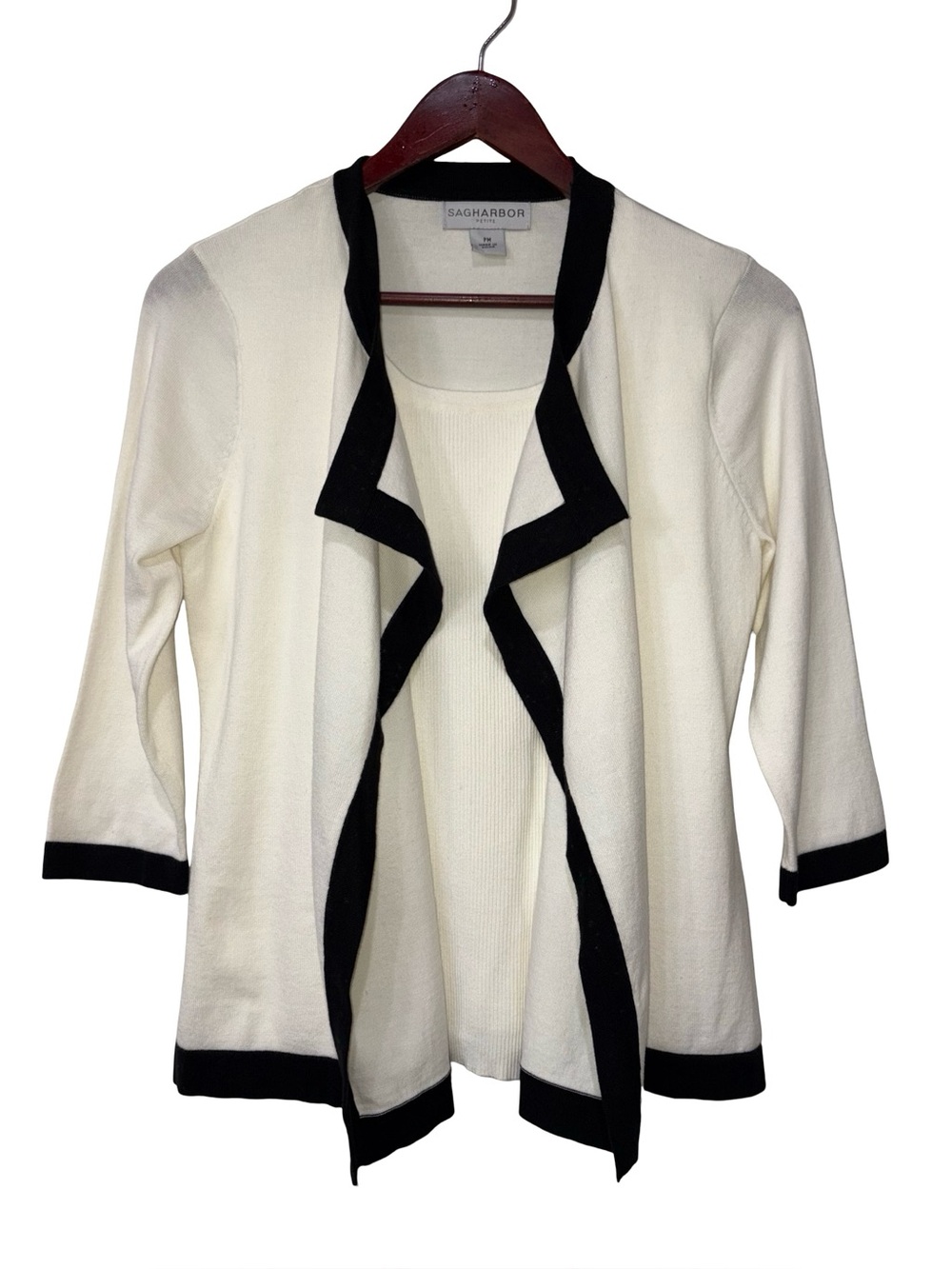 Sag Harbor PM NWT Faux Layered 2fer Cardigan Ivory/Black Preppy